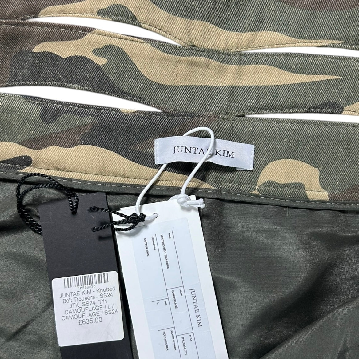 Juntae Kim SS/24 knitted belt camouflage trousers